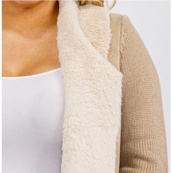 OnTwelfth Women’s Plus Size Open Front Faux Suede & Sherpa Lined Coat – Beige - Picture 3 of 12